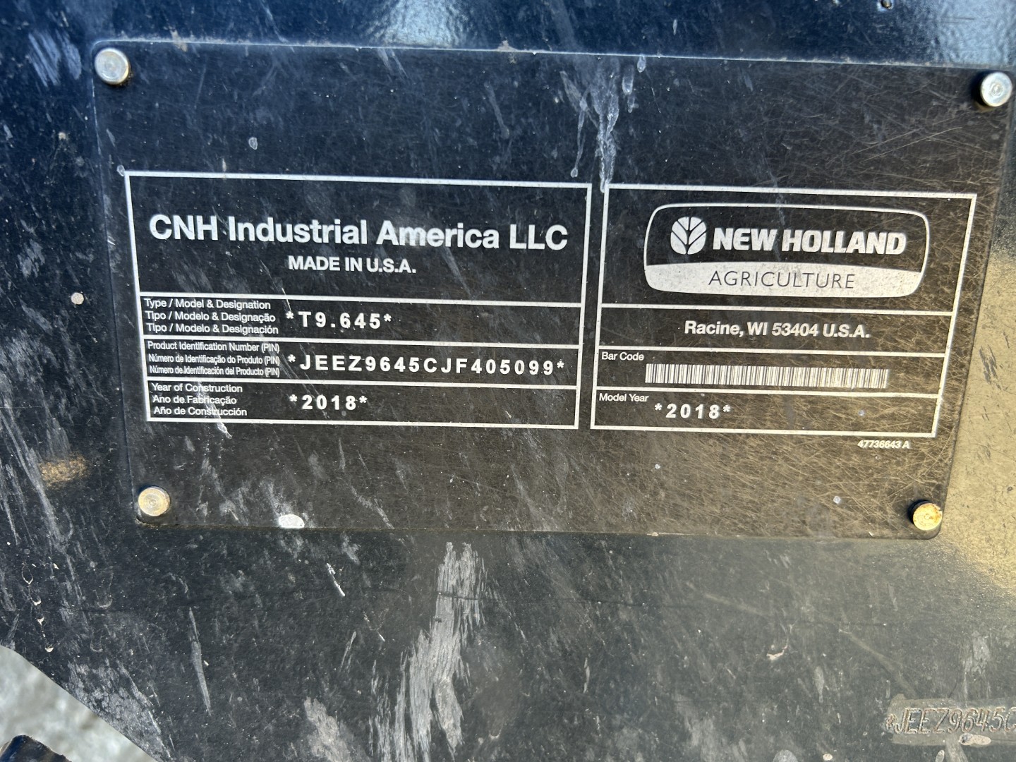 2018 New Holland T9.645 Tractor Rubber Track