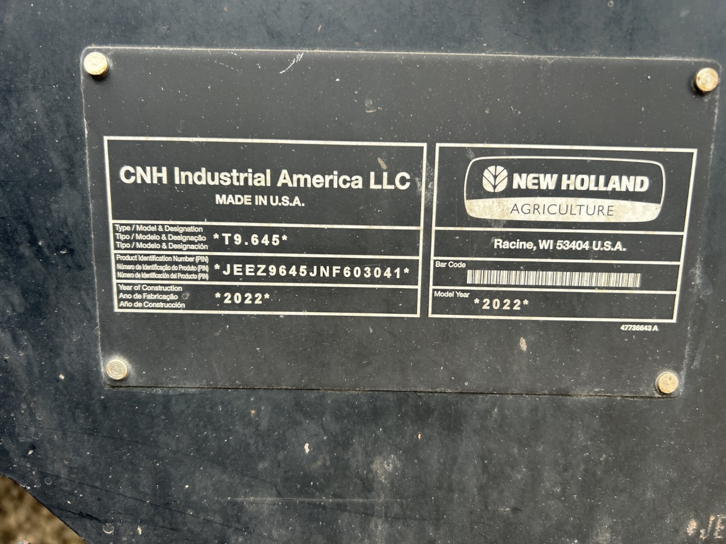 2022 New Holland T9.645 Tractor Rubber Track