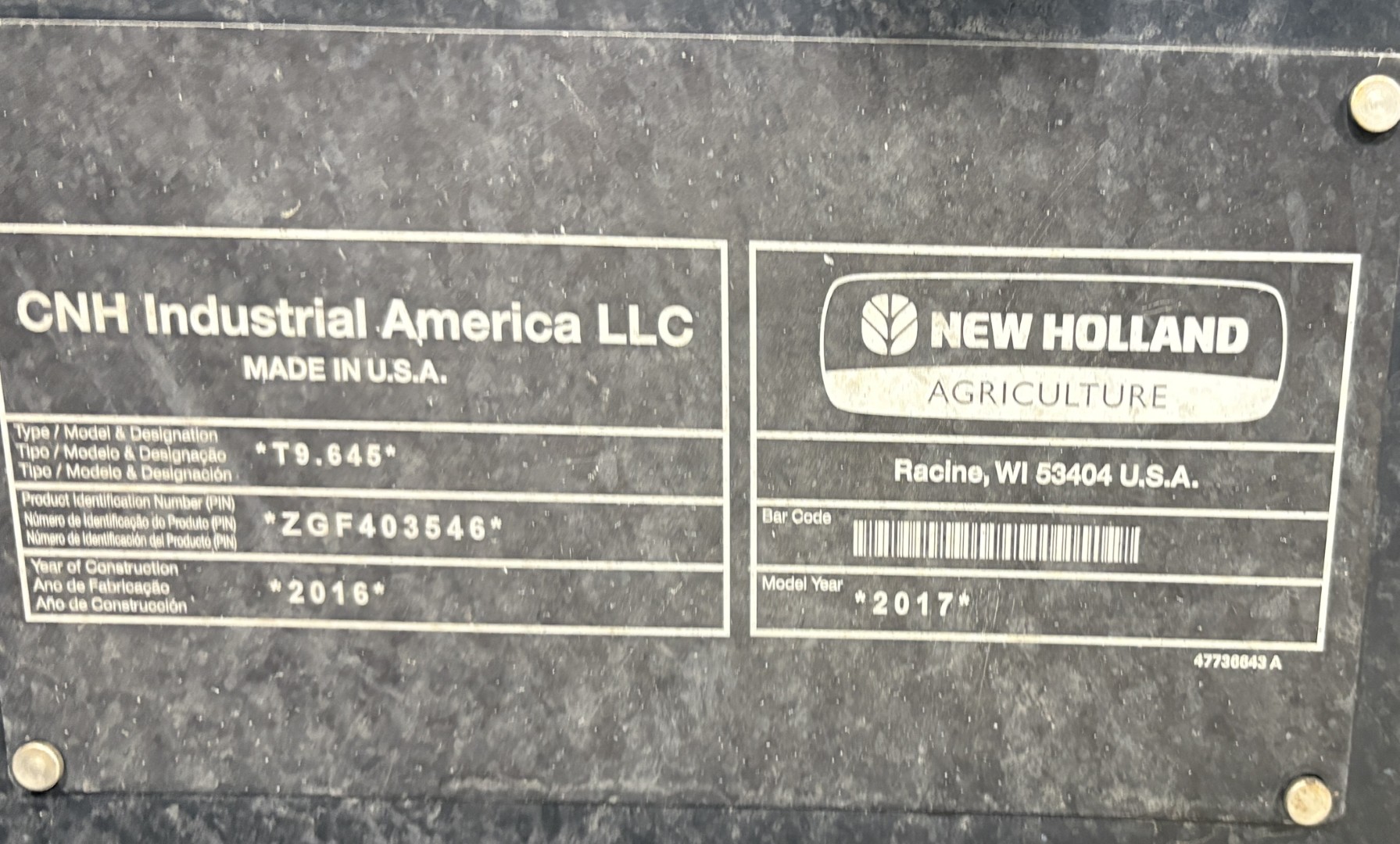 2017 New Holland T9.645 Tractor Rubber Track