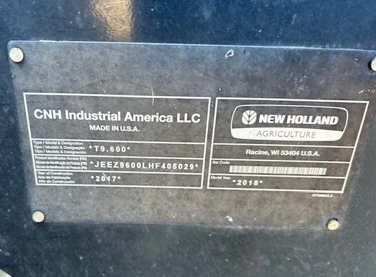 2018 New Holland T9.600 Tractor Rubber Track