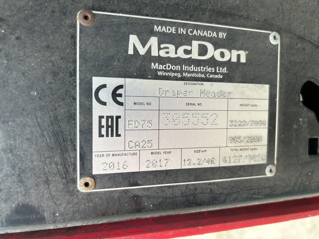 2017 MacDon FD75-40 Header Draper Flex