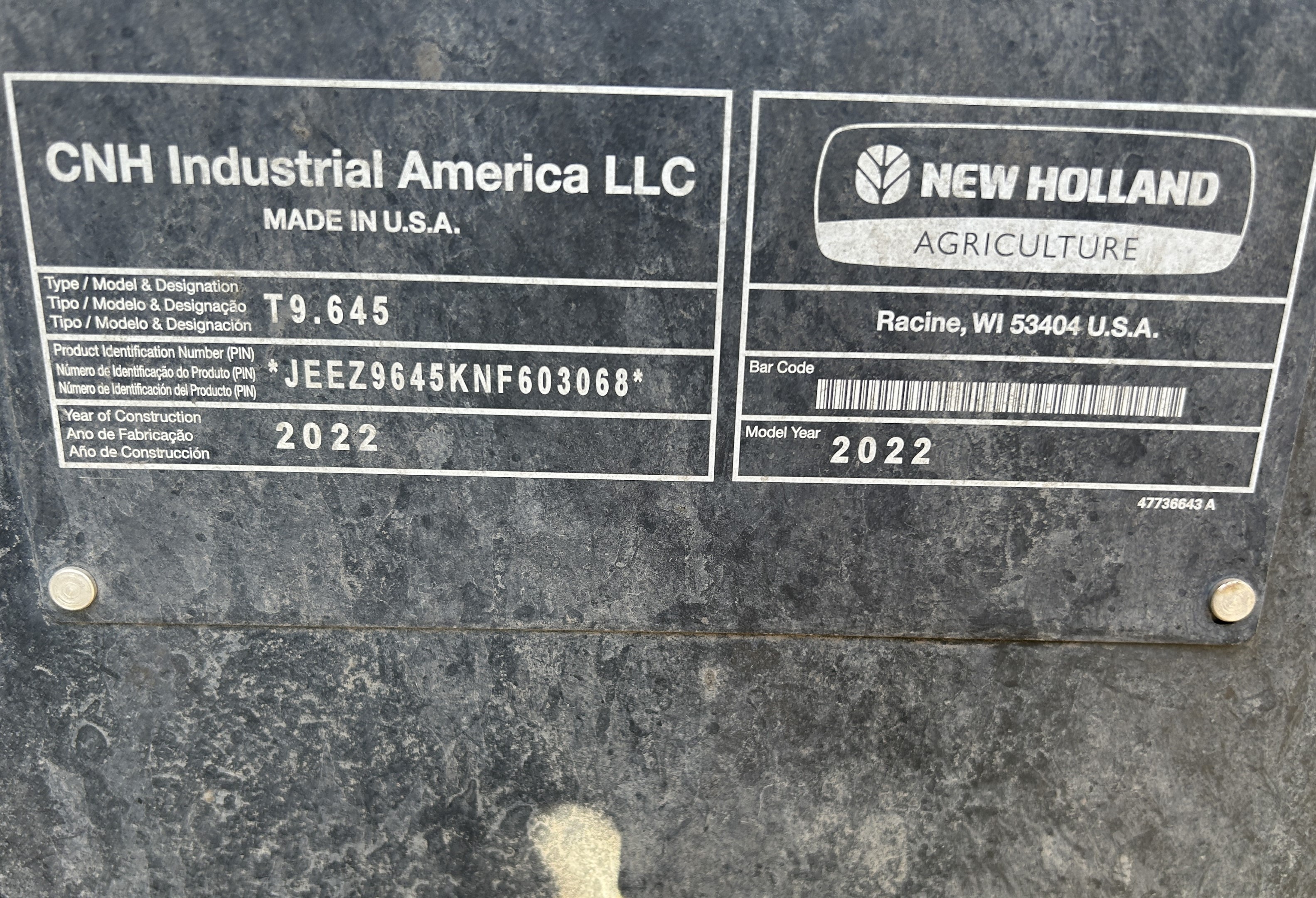 2022 New Holland T9.645 Tractor Rubber Track