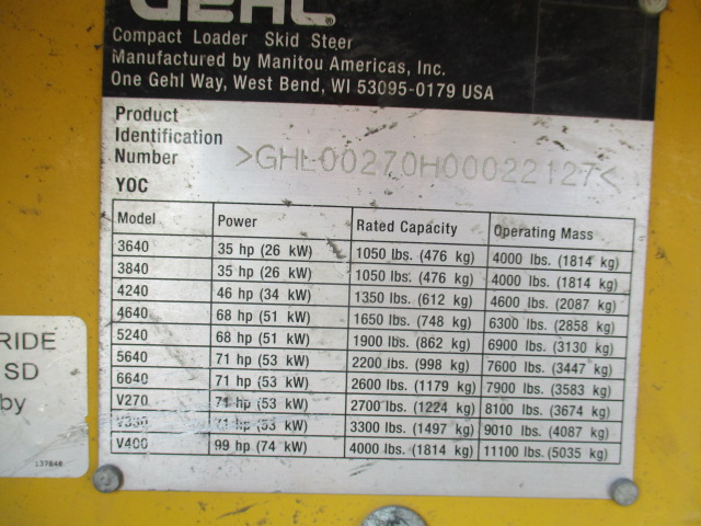 2012 Gehl V270 Skid Steer Loader