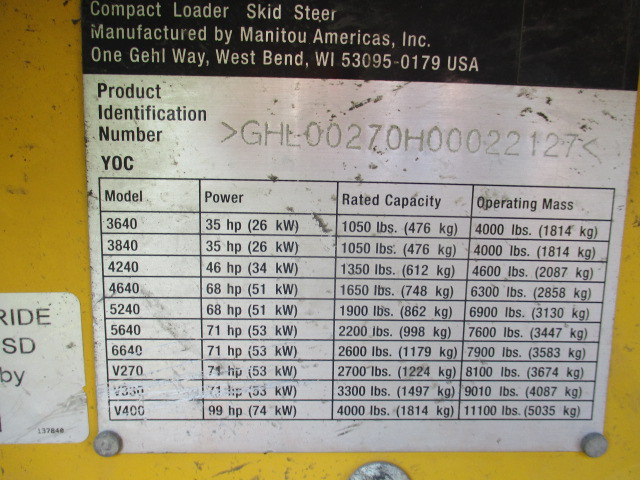 2012 Gehl V270 Skid Steer Loader