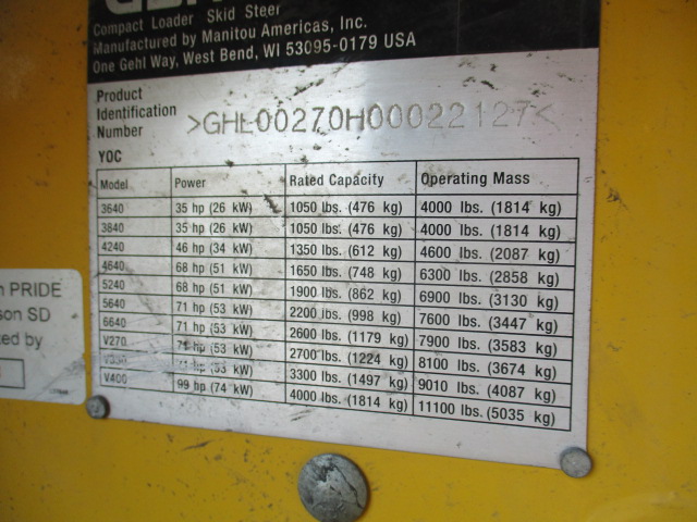 2012 Gehl V270 Skid Steer Loader