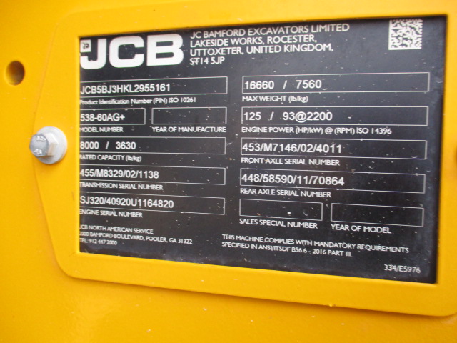 2020 JCB 538-60 AGRI-PLUS TeleHandler