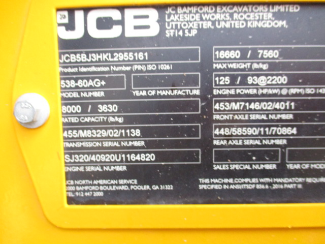 2020 JCB 538-60 AGRI-PLUS TeleHandler