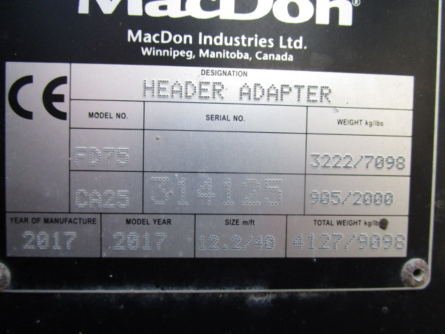 2017 MacDon FD75-40 Header Draper Flex