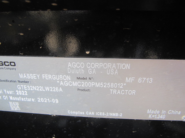 2022 Massey Ferguson 6713 Tractor