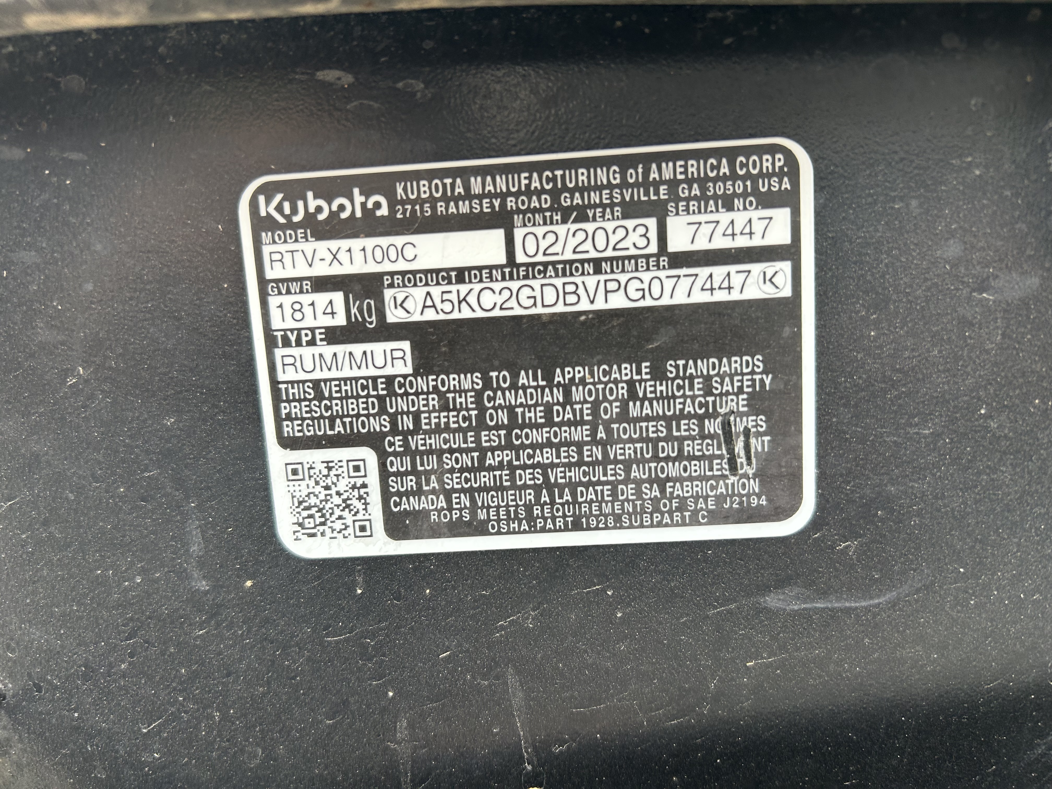 2023 Kubota RTV X1100C Utility Vehicle