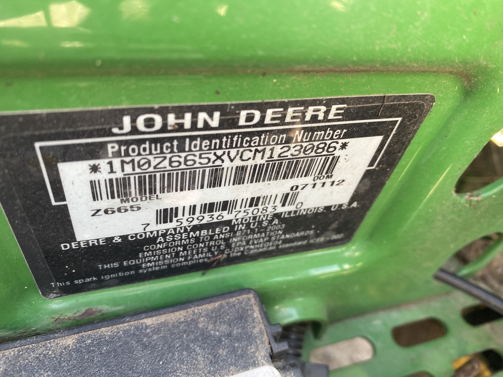 2012 John Deere Z665 Mower/Zero Turn