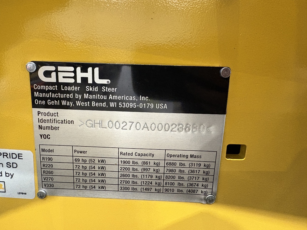 2015 Gehl V270 Skid Steer Loader