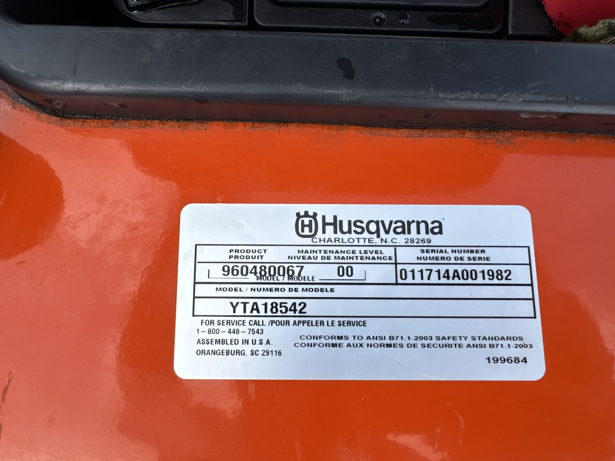 2014 Husqvarna YTA18542 Mower/Riding