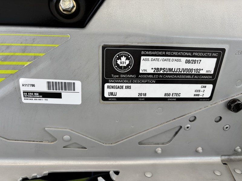 2018 Ski-Doo XRS 850 Snowmobile