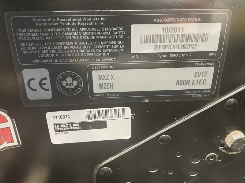 2012 Ski-Doo MXZ X 800 Snowmobile