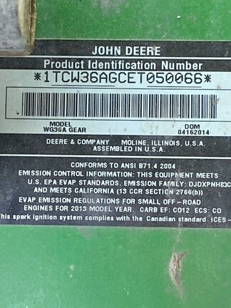 John deere best sale wg36a price