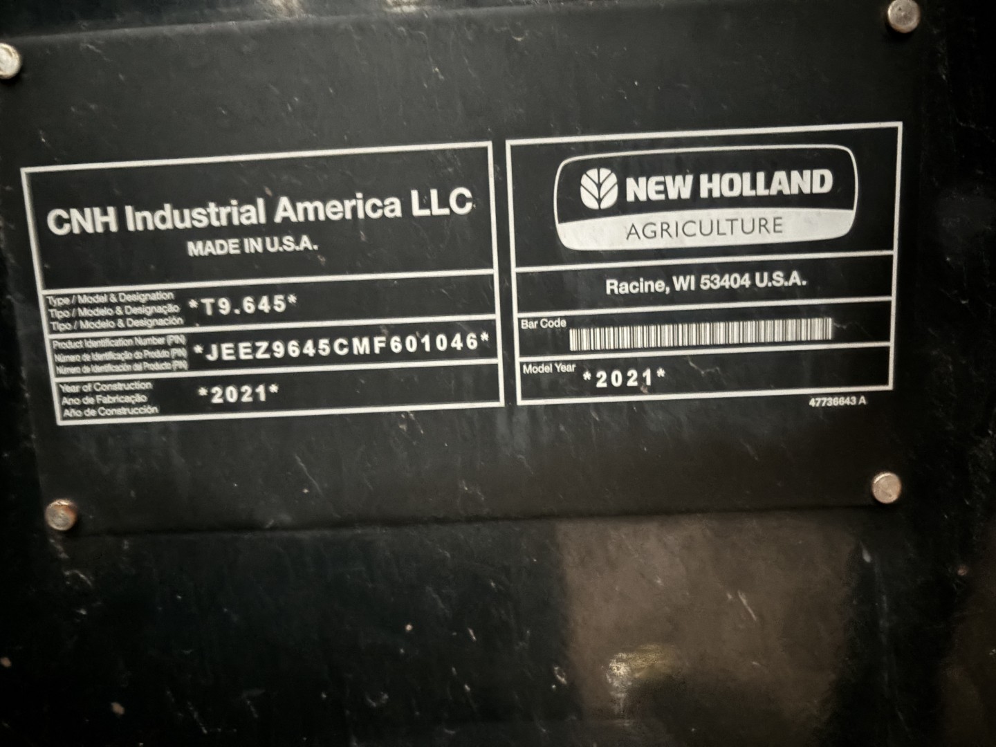 2021 New Holland T9.645 Tractor Rubber Track