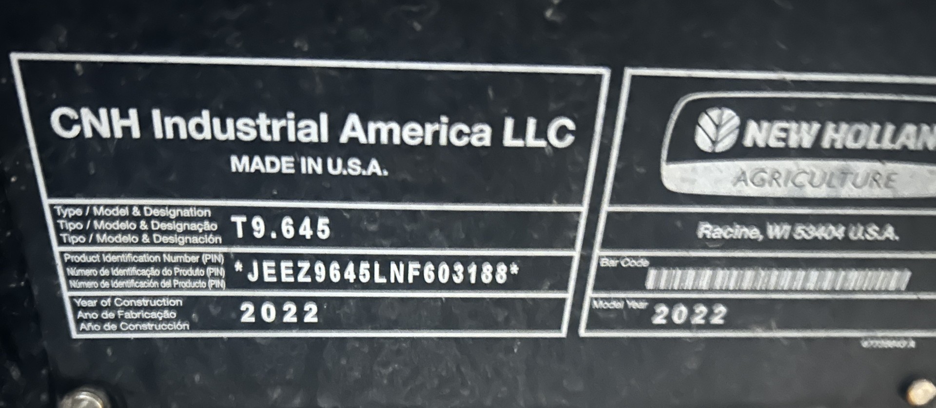 2022 New Holland T9.645 Tractor Rubber Track