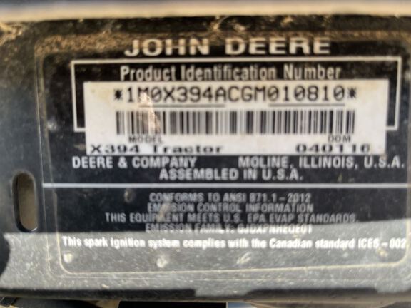 2016 John Deere X394 Garden Tractor