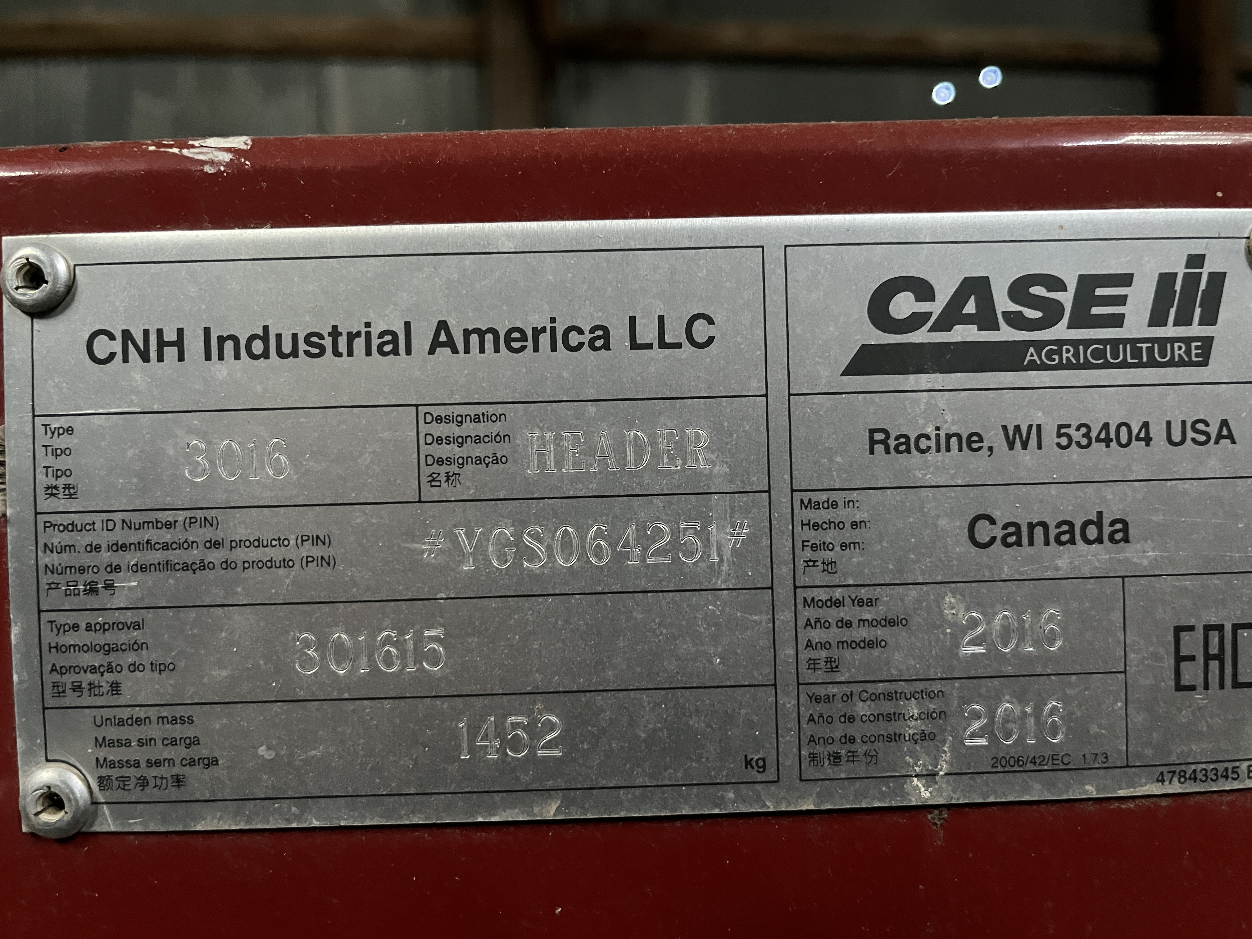 2016 Case IH 3016-15 Header Combine