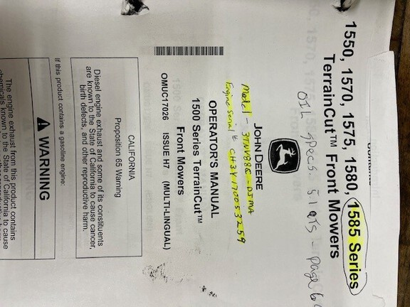 2019 John Deere 1585 Mower/Front Deck