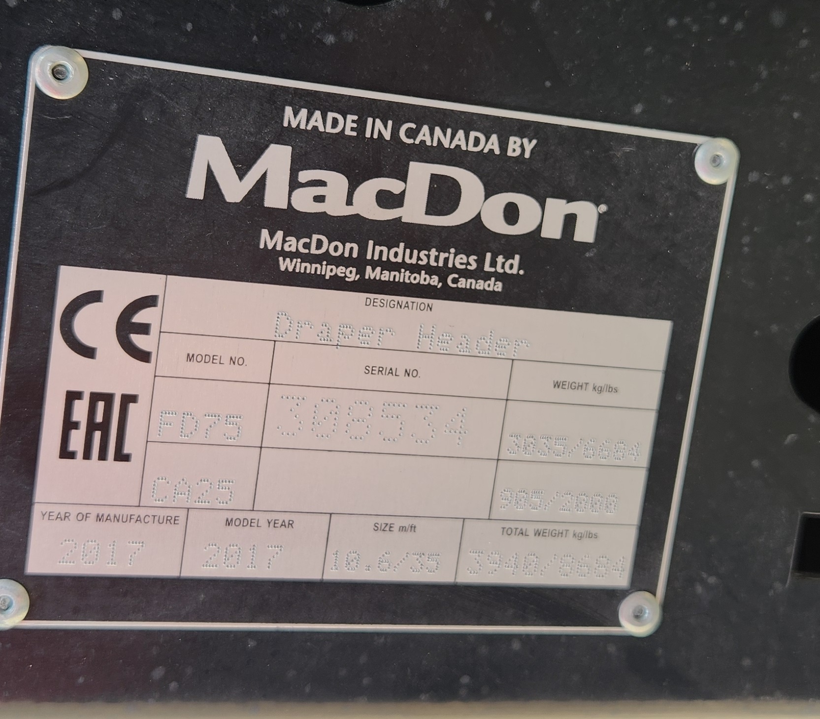 2017 MacDon FD75 Header Draper