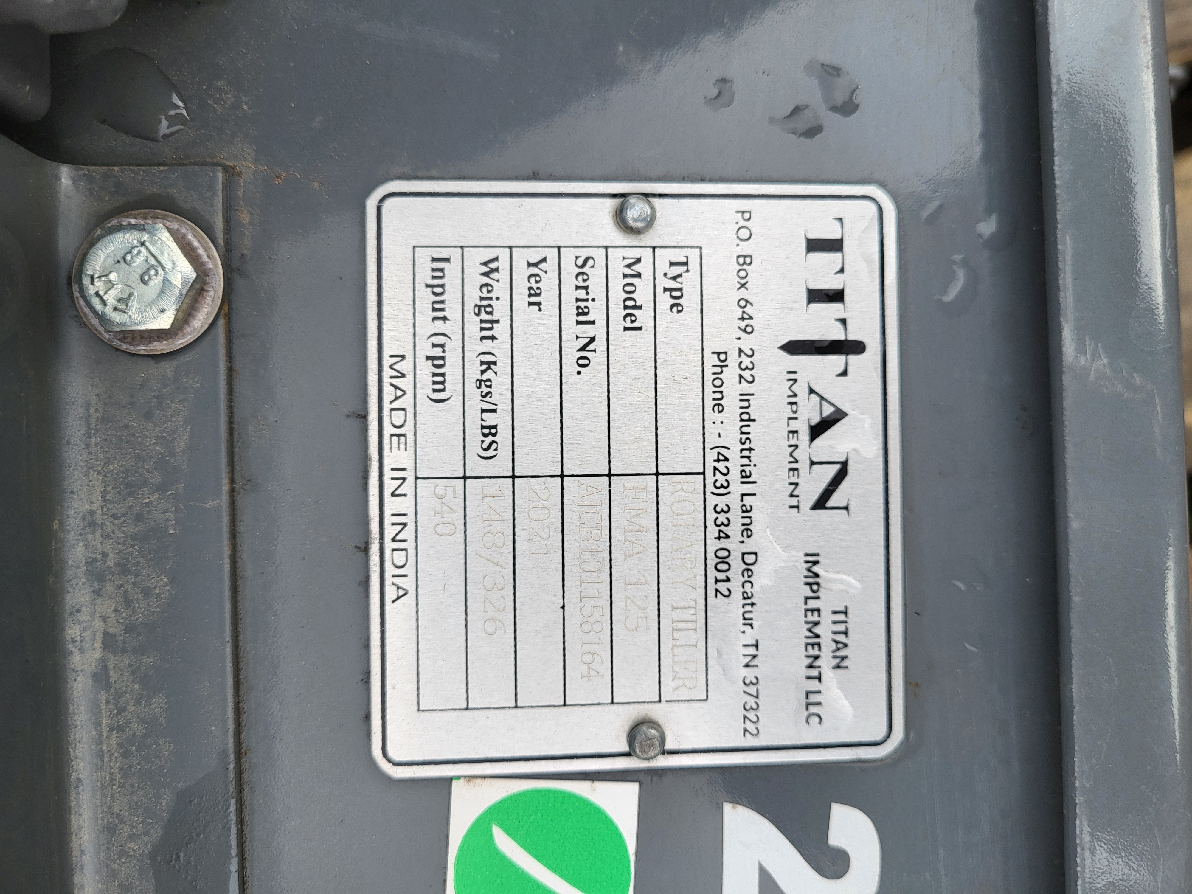2022 Titan FMA125 Tiller