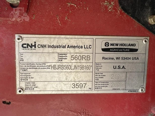 2019 New Holland Rollbelt 560 Baler/Round