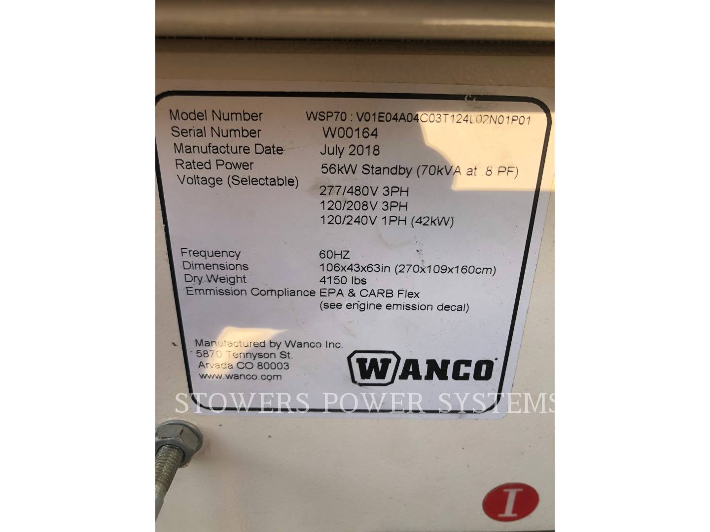 2018 Misc WSP70 Generator