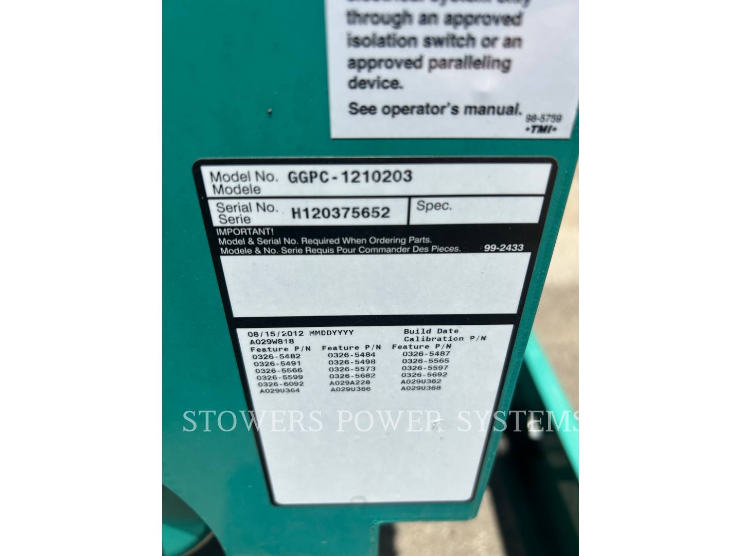 2012 Cummins GGPC 50KW Generator