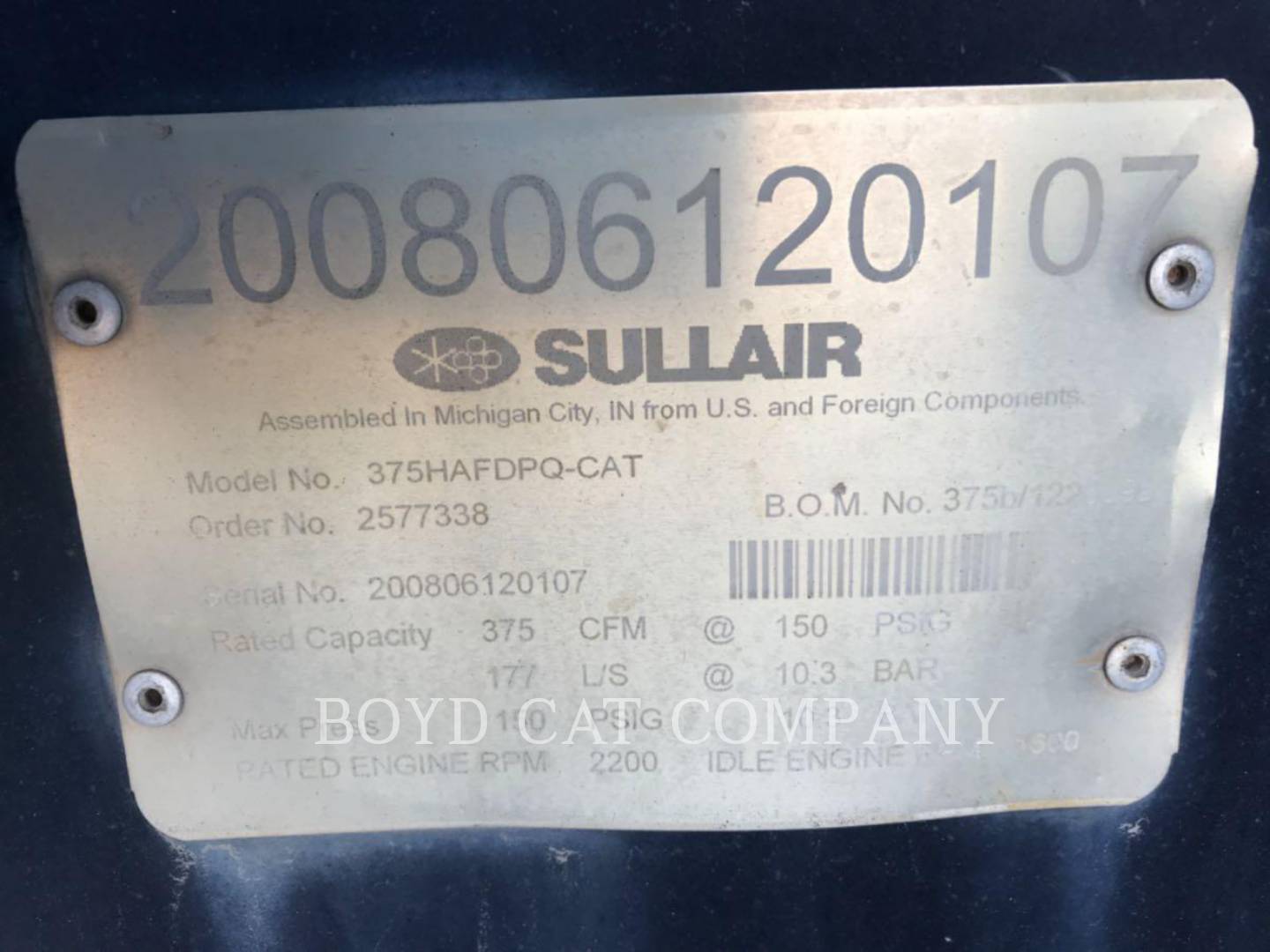 2008 Sullair 375HAF S83 Air Compressor