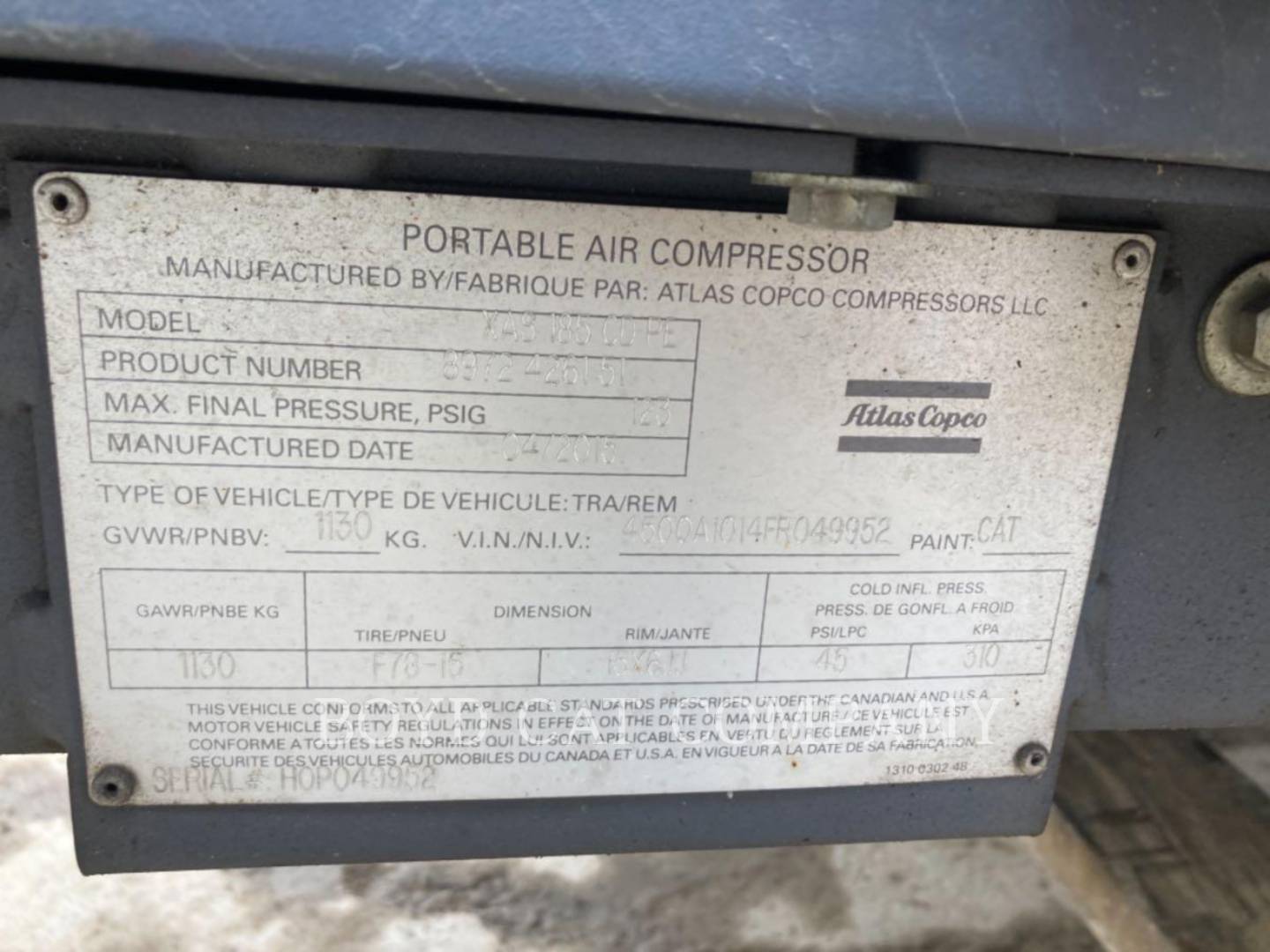 2015 Atlas Copco 185CFM ATC Air Compressor