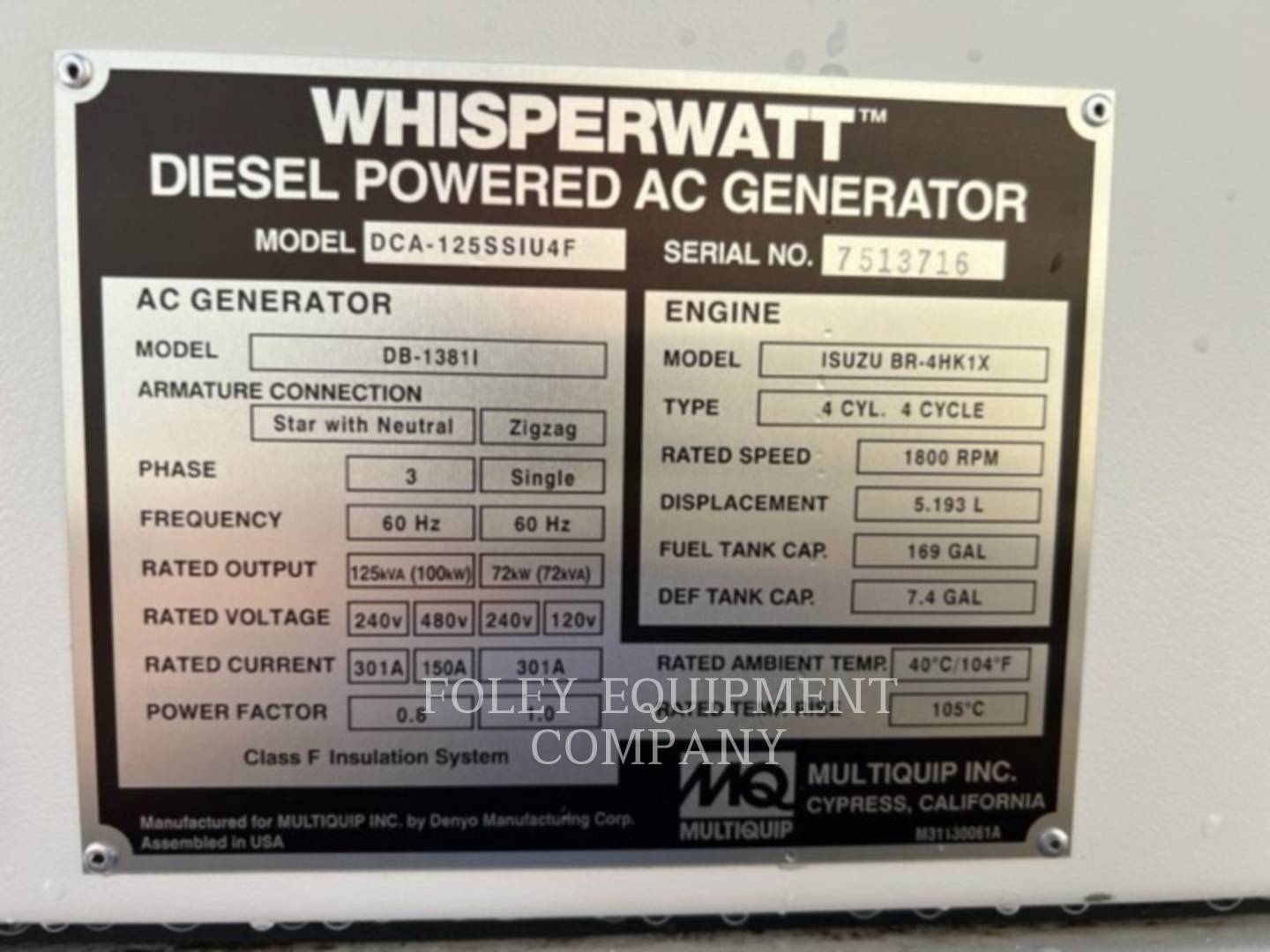 2022 Multiquip DCA125 Generator