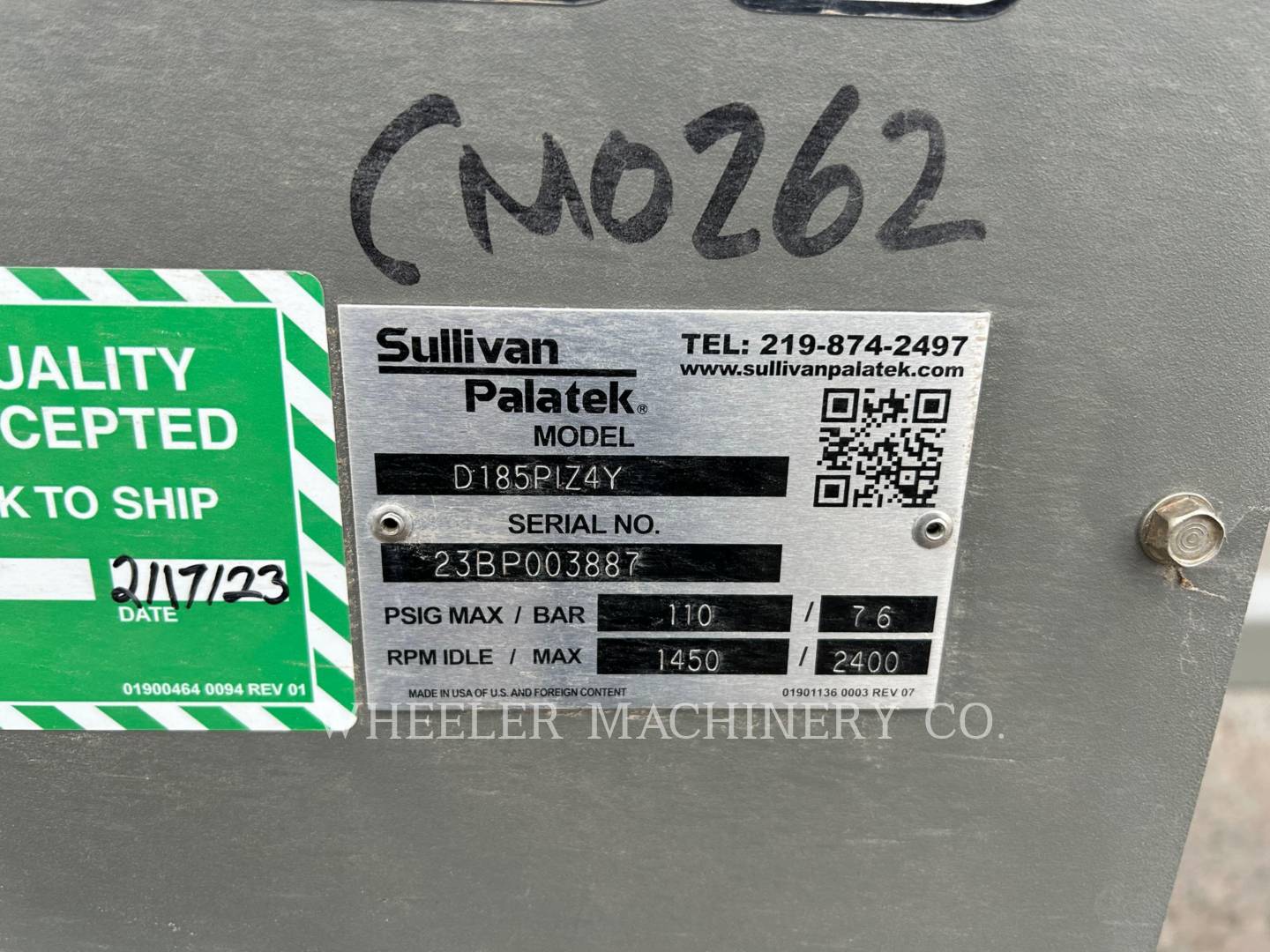 2023 Sullivan 185CFM Air Compressor