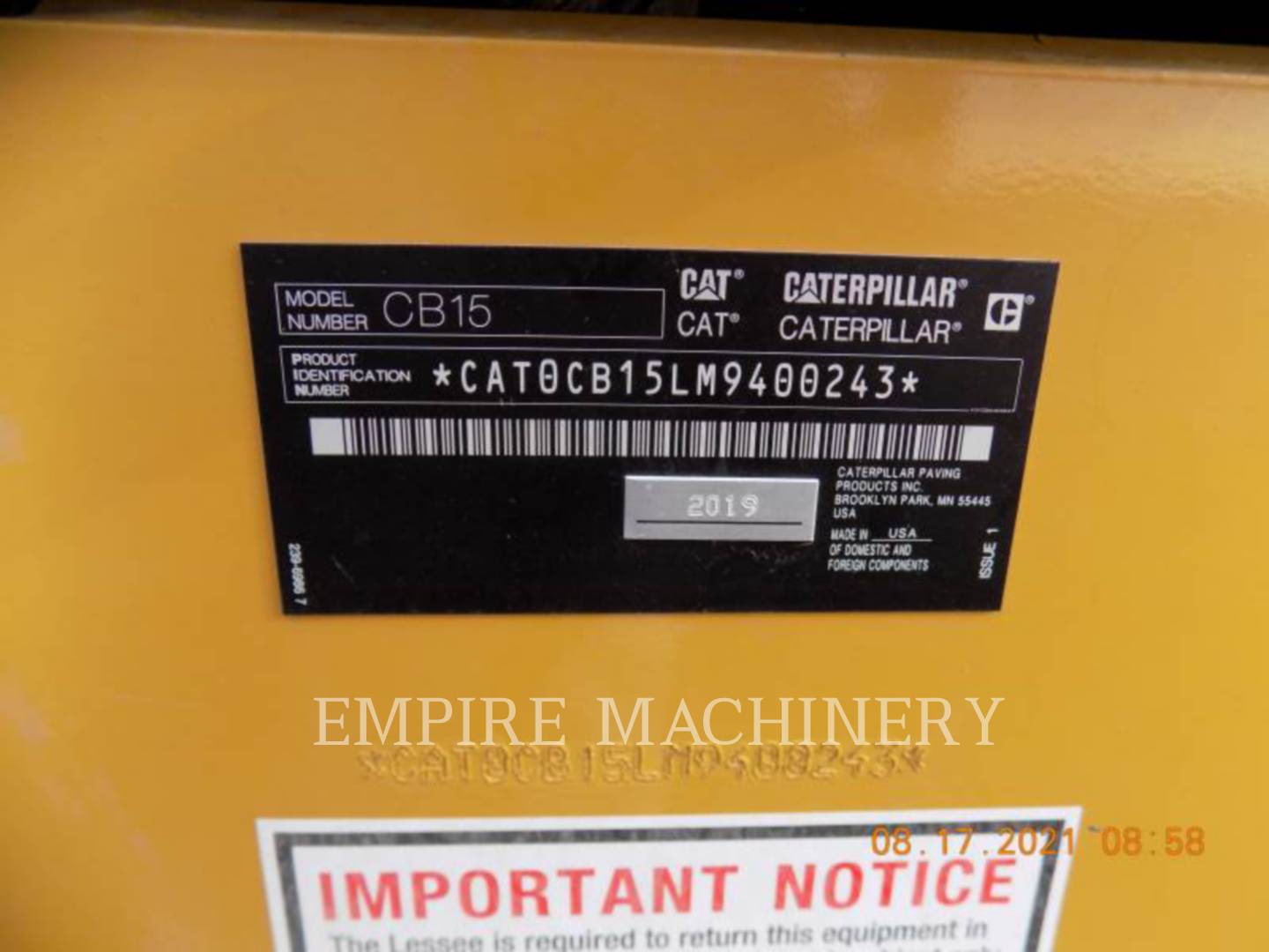 2019 Caterpillar CB15 Vibratory Double